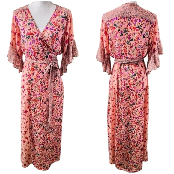 Lovestitch Priscilla Mauve Floral Flowy Wrap Maxi Dress Flutter Slvs Tie Belt LG - Picture 9 of 15